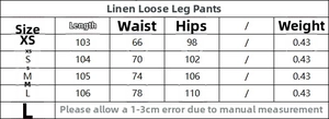 Size chart for women linen wide leg pants showing length, waist and hip measurements