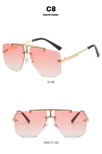 Fashion rimless sunglasses with pink gradient lenses and gold metal frame C8 detail view