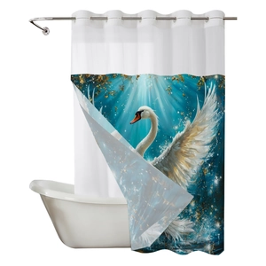 Waterproof shower curtain with elegant white swan print and translucent top panel