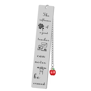 Detail of silver stainless steel bookmark with red apple charm and teacher quote