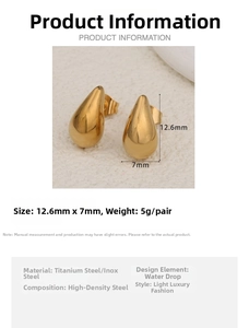 Detail showing 12.6mm by 7mm dimensions of golden drop stud earrings in stainless steel