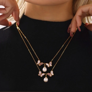 Collier Papillon En Acier Inoxydable Plaqué Or 18K Pendentif Künstliche Perle Coquille Naturelle Pour Femme Style Élégant