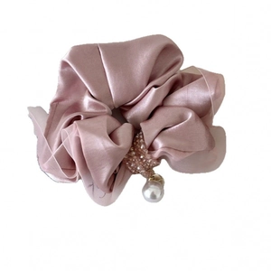 Elegant dusty pink satin hair scrunchie with shimmering beads and a white pearl pendant