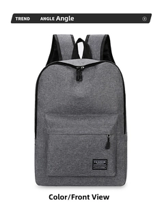 Front view of a durable grey fabric backpack with a large zipper pocket and logo