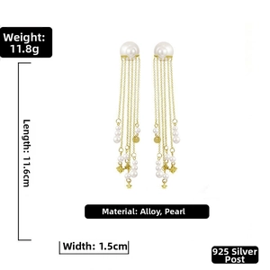 Detailed view of pearl tassel earrings with 925 silver needles and size dimensions