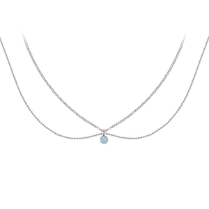 Double-layered titanium steel necklace with blue faux opal pendant on white background