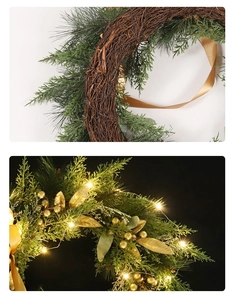 Detail of Christmas wreath featuring a natural vine base and warm LED light string decor