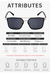 Detailed size specification chart for TR polarized square frame sunglasses model MY-8038