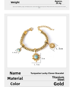 Detail showing dimensions of gold clover bracelet with turquoise stone in titanium steel