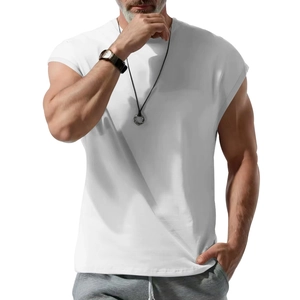 Detail view of a white sleeveless cotton T-shirt showing soft texture and clean round neck