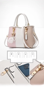 Close-up of pink and white patchwork leather handbag with premium gold hardware