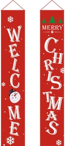 Close-up of red Christmas porch banners featuring Welcome and Merry Christmas text