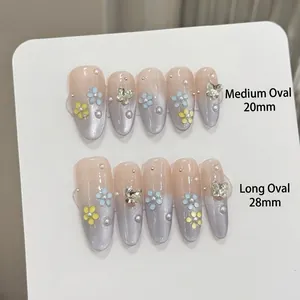 Handmade Press On Nails Cat Eye Gradient Sweet French Style Floral Ornament Metal Butterfly And Artificial Pearl False Nails