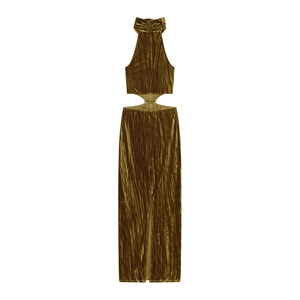 Abito lungo in velluto bronzo senza maniche con scollo all'americana e anelli metallici