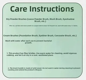 Care guide for makeup brushes showing synthetic fiber bristles and wooden handles