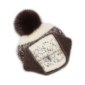 Detail of knitted winter hat with faux fur pompom in dark coffee and beige colors