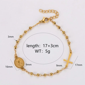 Golden stainless steel beaded bracelet with cross and St. Benedict medal pendants