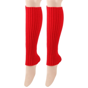 Detail of red knitted leg warmers with ribbed texture on a white background