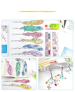 DIY diamond painting feather bookmark kit with colorful resin gems and tools set