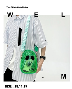Detail of neon green transparent PVC crossbody bag with eye decor and geometric strap
