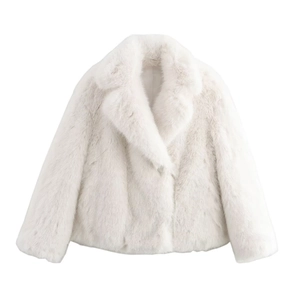 Detailed view of the soft faux fur texture and lapel design on this white cropped coat