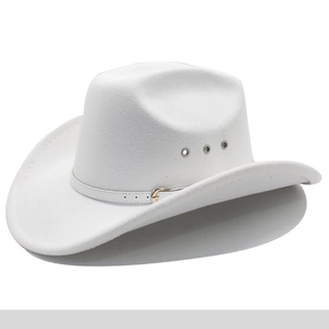 Detail of white wool cowboy hat with metal eyelets and white leather strap with gold buckle