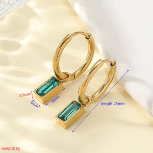 Gold plated titanium steel earrings with green rectangle zircon pendants for women