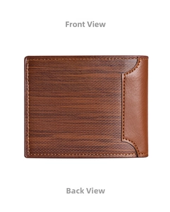 Front and back view of brown men's wallet showing wood grain texture and stitching