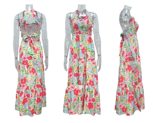 Three views of floral long dress showing halter cross-back and tiered ruffle skirt