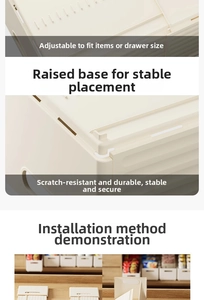 Close-up of adjustable cream storage bin with non-slip base for kitchen cabinets