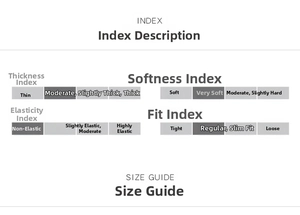 Größentabelle und Materialindex für schmale Passform und weiche Stoffeigenschaften
