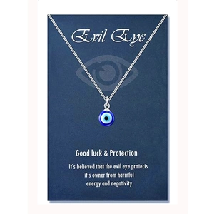 Blue evil eye protection pendant necklace with silver stainless steel chain on display card
