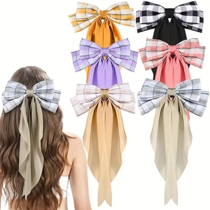 Big Checkered Bow Barrette Long Ribbon Streamer Fabric Spring Hair Clip Sweet Forest Style Headwear For Women