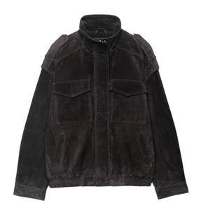 Detail of dark charcoal suede jacket showing shoulder epaulets and large cargo pockets