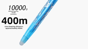 Macro detail of high-capacity erasable gel pen showing writing distance of 400 meters