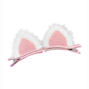Pair of plush cat ear hair clips in white and pink for girls with metal alligator clips