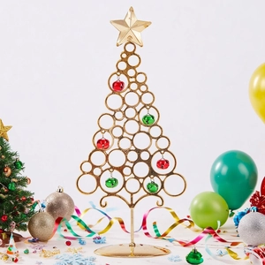 Golden plated iron Christmas tree with colorful bells and star topper for table decor