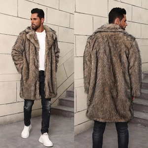 Manteau long en fausse fourrure pour homme marron mélangé, vues avant et arrière
