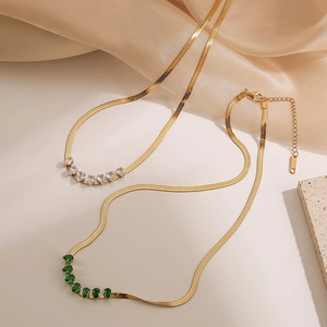 Chic gold-plated stainless steel snake chain necklaces with green and white zircons