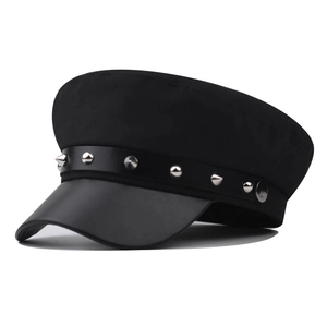 Berretto Newsboy Tesa Pelle PU Cotone Cappello Baker Boy Borchie Argento Punk Stile Militare Berretto Piatto Per Donne