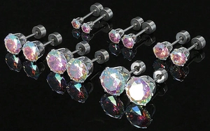 Detailed macro view of 18k gold plated stainless steel studs with iridescent zircons