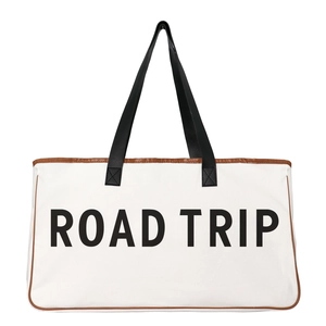 Large capacity canvas tote bag with brown leather trim and Road Trip print