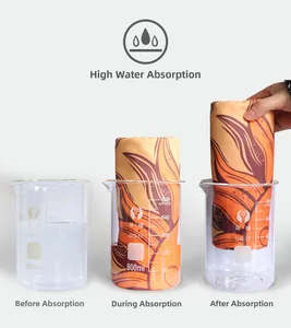 Absorbent microfiber towel demonstration showing strong water suction test in beakers