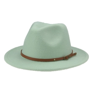 Detail shot of mint green felt hat with a brown leather belt and metal buckle