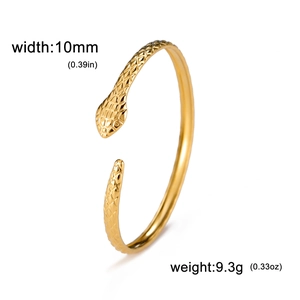 Minimalist open snake-shaped stainless steel bangle with gold scale texture finish