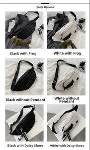 Detail view of canvas waist bag compartments with adjustable straps and zipper closure