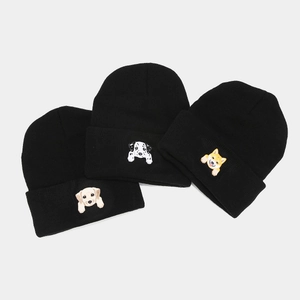 Classic black knitted beanies with cute dog patches for men and women street style