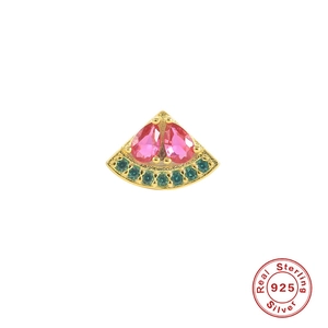 Macro detail of watermelon-shaped S925 silver stud earring with colorful gems