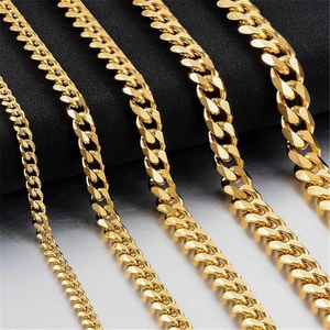 Golden Cuban link chains in various widths with a polished finish for men