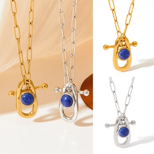 Collier De Style Égyptien Rétro En Acier Inoxydable Avec Chaîne À Maillons Et Pendentif Fer À Cheval Pierre Bleue